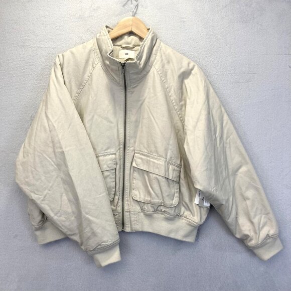 NWT Womens Oversized Baggy Bomber Jacket XL Beige Relaxed Modern Canvas Zip BP - Picture 1 of 16